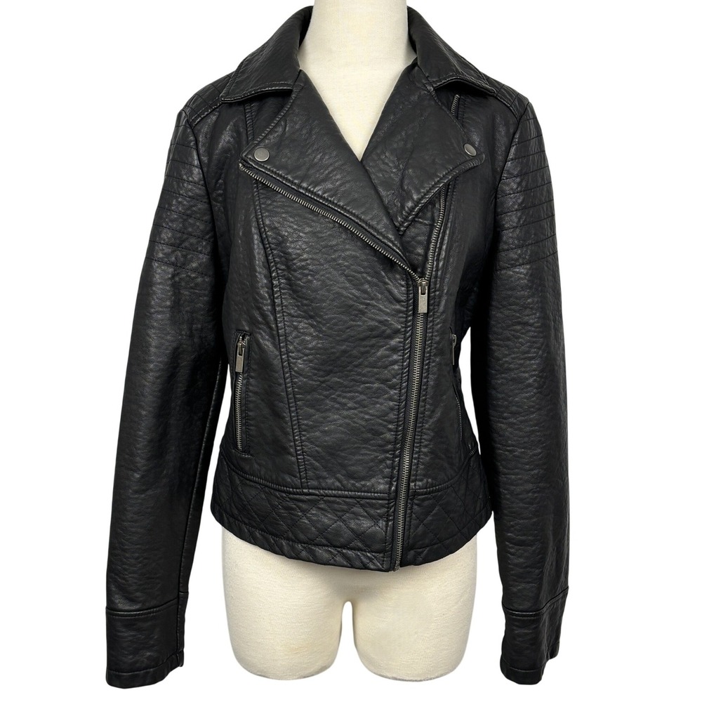 Womens Black Faux Leather Moto Jacket Size S As Is Distressed‎ Biker Zip